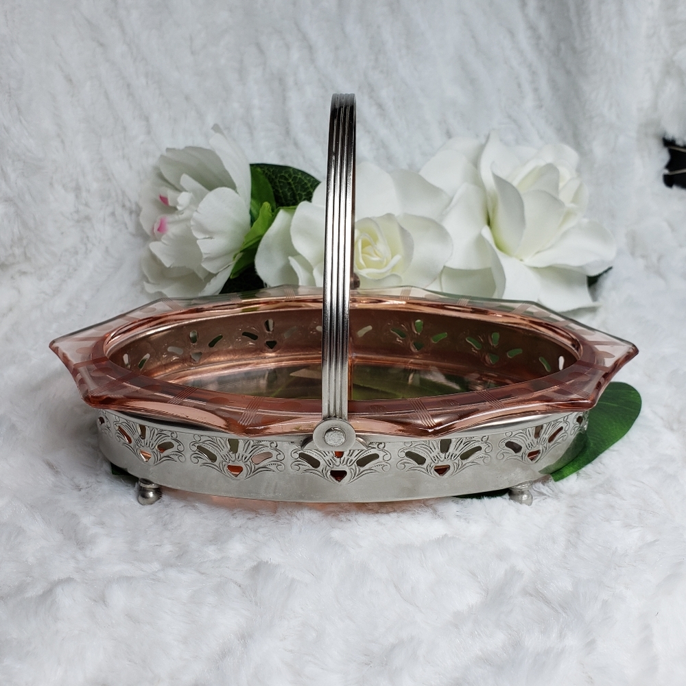 Pink Depression Glass & Silver Plate Frame